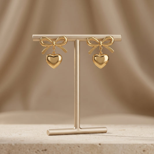 Minimal Gold Bow Heart Stainless Steel Earrings