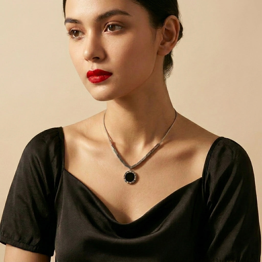 Minimal Black Circle Silver Pendant Necklace- Stainless Steel