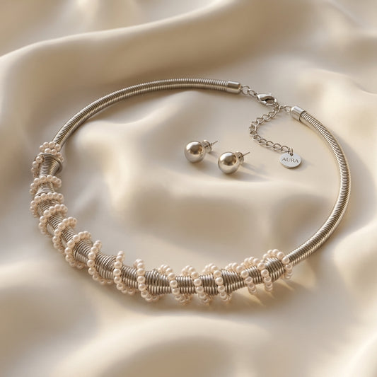 Minimalist Stainless Steel Pearl Jewelry Set – Silver Choker Necklace for Women