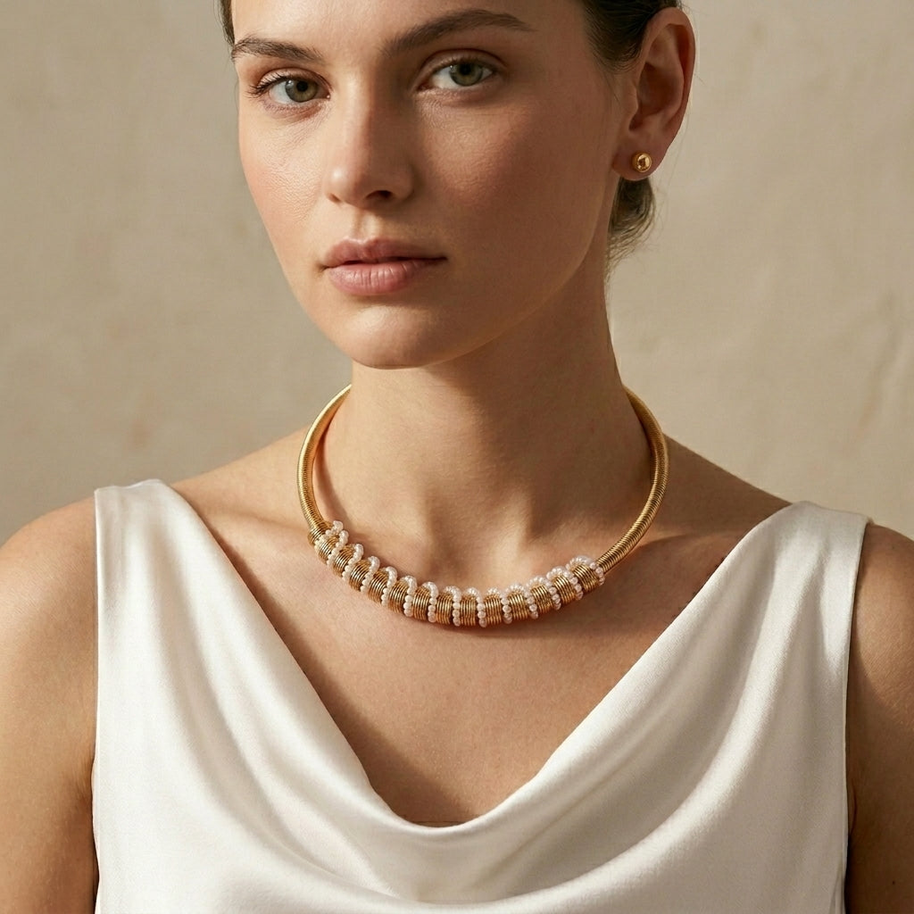 Minimalist Stainless Steel Pearl Jewelry Set – Gold Choker Necklace for Women