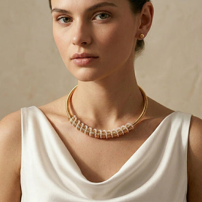 Minimalist Stainless Steel Pearl Jewelry Set – Gold Choker Necklace for Women