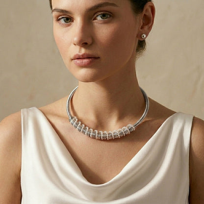 Minimalist Stainless Steel Pearl Jewelry Set – Silver Choker Necklace for Women