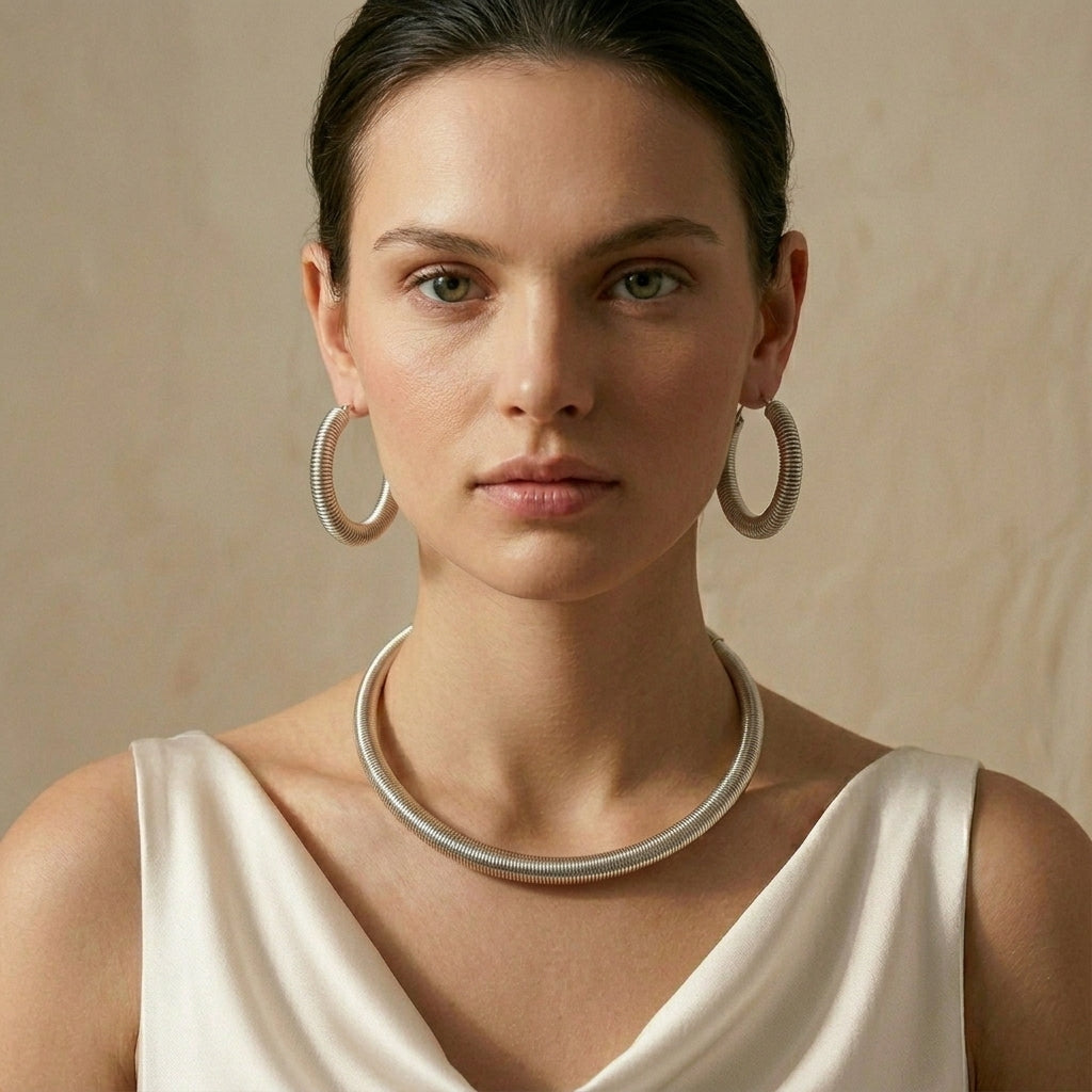 Minimalist Stainless Steel Jewelry Set for Women | Hoop Earrings & Snake Chain Necklace