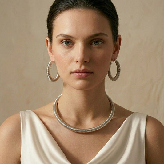 Minimalist Stainless Steel Jewelry Set for Women | Hoop Earrings & Snake Chain Necklace