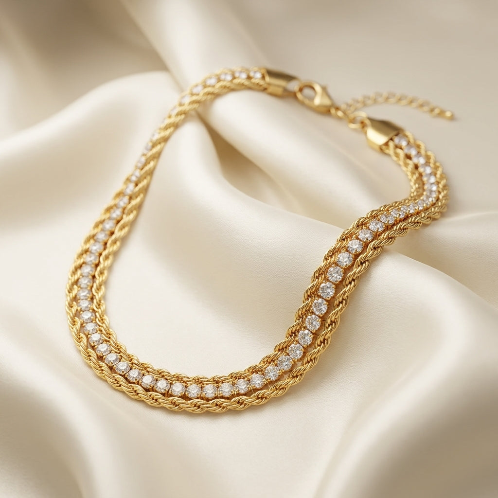 Gold Rope Chain Crystal Stainless Steel Minimal Bracelet for Women