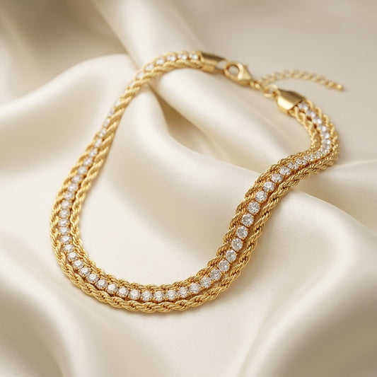 Gold Rope Chain Crystal Stainless Steel Minimal Bracelet for Women