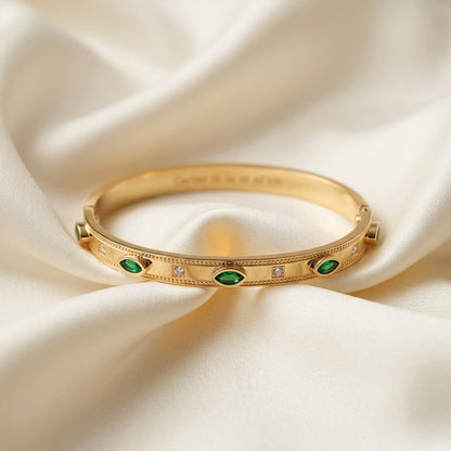 Luxury Green Stone Stainless Steel Handcuff Bracelet for Women |