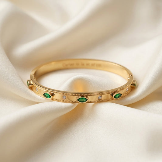 Luxury Green Stone Stainless Steel Handcuff Bracelet for Women |