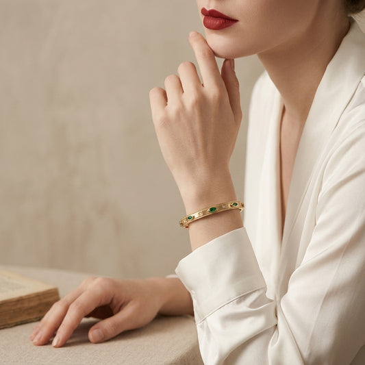 Luxury Green Stone Stainless Steel Handcuff Bracelet for Women |