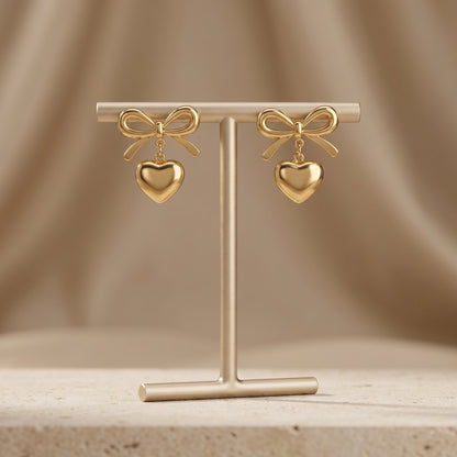 Minimal Gold Bow Heart Stainless Steel Earrings