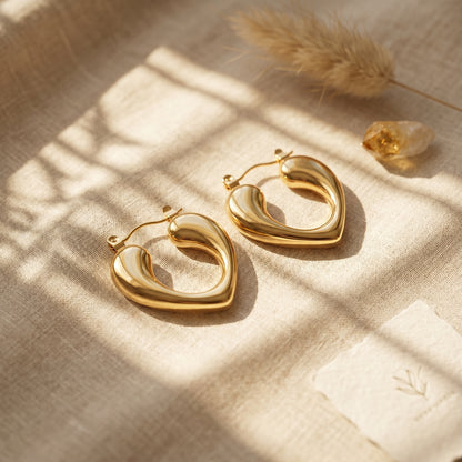 Sculpted Heart Stainless Steel Hoop Earrings