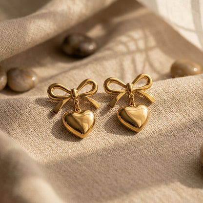 Minimal Gold Bow Heart Stainless Steel Earrings