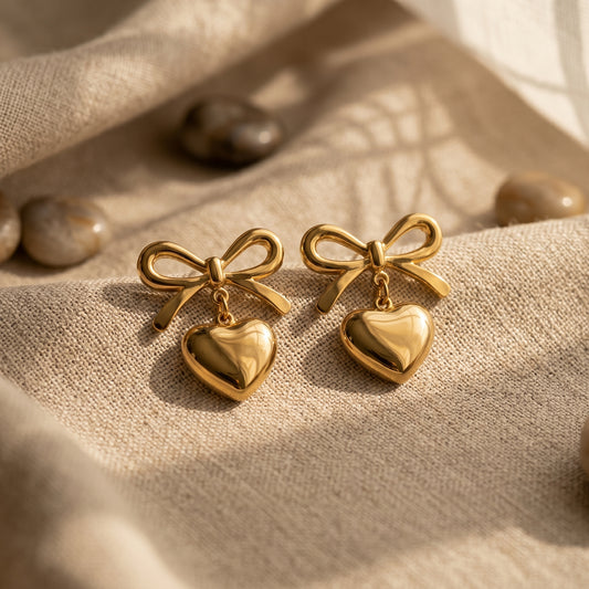 Minimal Gold Bow Heart Stainless Steel Earrings
