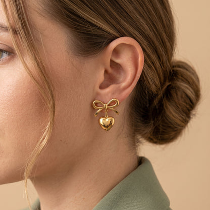 Minimal Gold Bow Heart Stainless Steel Earrings