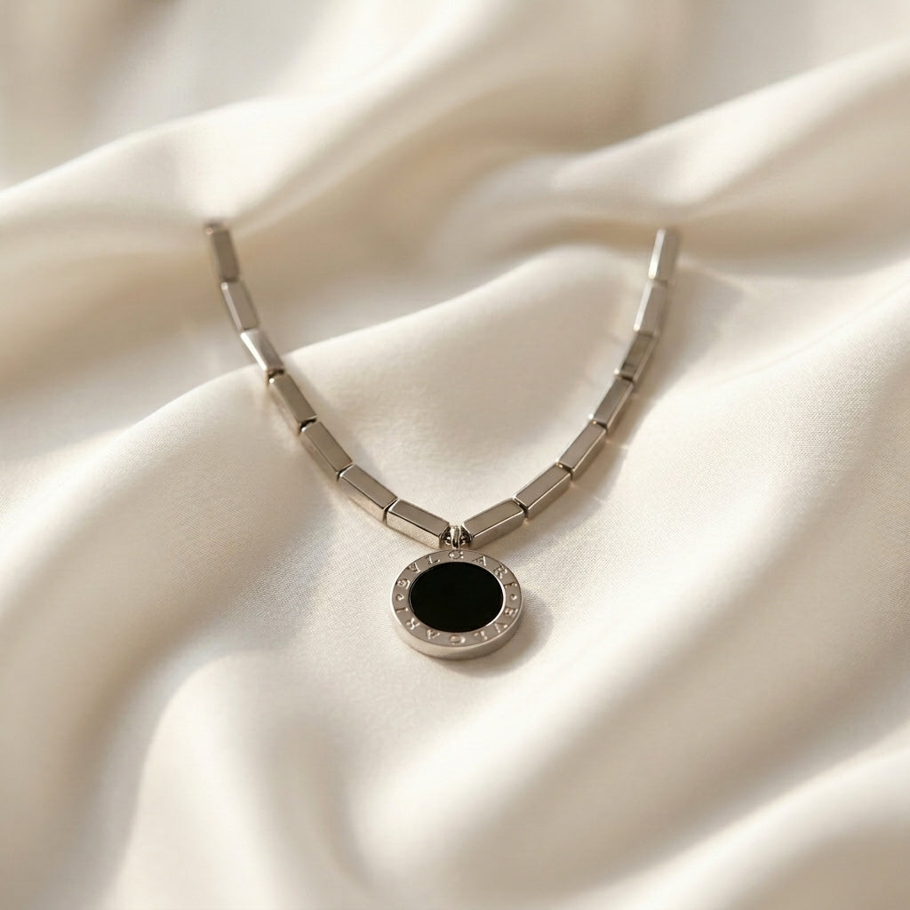 Minimal Black Circle Silver Pendant Necklace- Stainless Steel