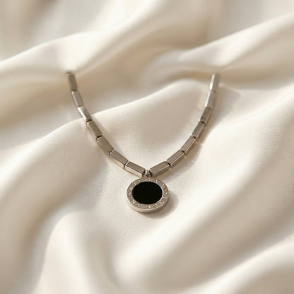 Minimal Black Circle Silver Pendant Necklace- Stainless Steel