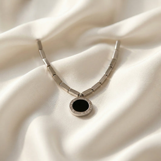 Minimal Black Circle Silver Pendant Necklace- Stainless Steel
