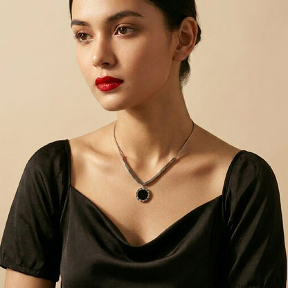 Minimal Black Circle Silver Pendant Necklace- Stainless Steel