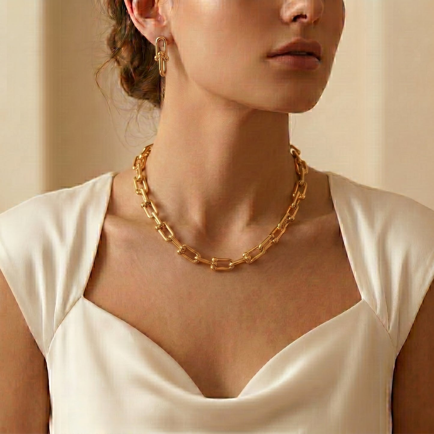 Stainless Steel Gold Link Chain Jewelry Set – Necklace & Earrings for Women
