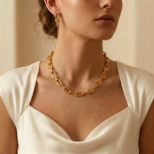 Stainless Steel Gold Link Chain Jewelry Set – Necklace & Earrings for Women